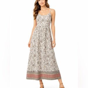 LOFT Cream and Taupe Floral Spaghetti-Strap Maxi Dress with Coral Hemband